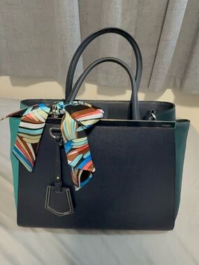 Fendi Navy Tote with Teal Side Panels and Multicolor Scarf